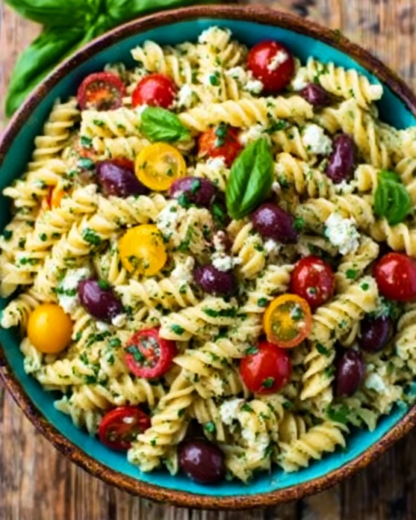 Lemon Herb Mediterranean Pasta Salad – Fresh & Easy Dinner Recipe 4 Rustic ceramic bowl with lemon herb Mediterranean pasta salad featuring rotini pasta, red and yellow cherry tomatoes, kalamata olives, crumbled feta, and fresh basil on a wooden table