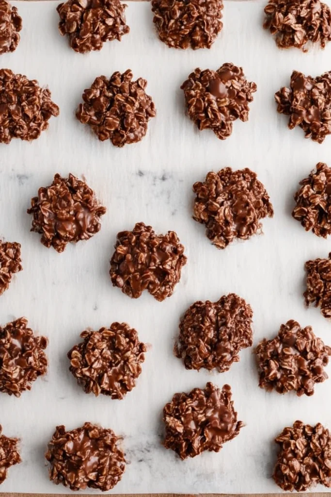 Delicious No Bake Cookies — Easy Recipes for Every Taste 5 Top-down view of multiple no bake chocolate oat cookies with glossy texture arranged neatly on a pale marble slab.