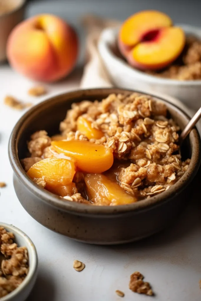 Bowl of homemade peach crisp with golden oat crumble and juicy glazed peaches.