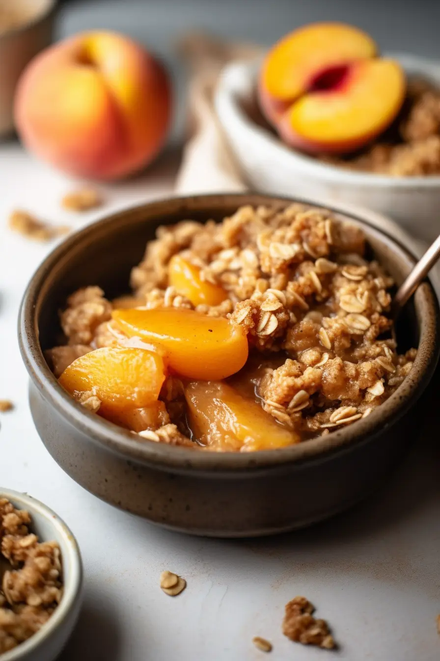 Bowl of homemade peach crisp with golden oat crumble and juicy glazed peaches.