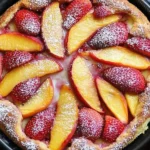 Delicious Strawberry Peach Cake Recipe for Summer 5 Close-up of a rustic strawberry peach cake topped with fresh peach slices and fresh strawberry halves, dusted with powdered sugar, on a dark mahogany wooden table.