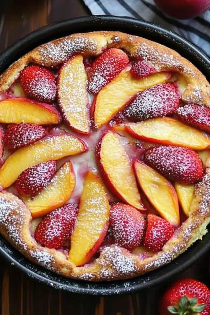 Close-up of a rustic strawberry peach cake topped with fresh peach slices and fresh strawberry halves, dusted with powdered sugar, on a dark mahogany wooden table.
