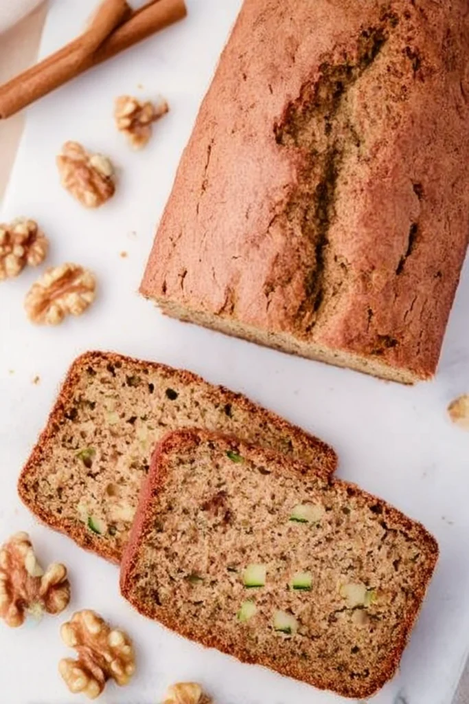 Best Ever Moist Zucchini Bread Recipe: Easy, Flavorful & Perfect for Summer 5 Rustic homemade zucchini bread loaf with cracked crust and two slices showing moist crumb with walnuts, surrounded by walnut pieces and cinnamon sticks on white marble surface