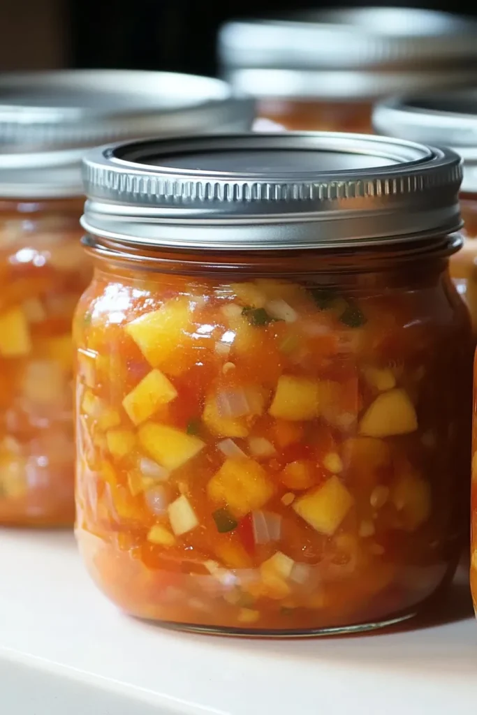 Canned Peach Salsa Recipe: A Sweet & Spicy Summer Staple 6 Close-up of mason jars filled with chunky homemade peach salsa on white countertop
