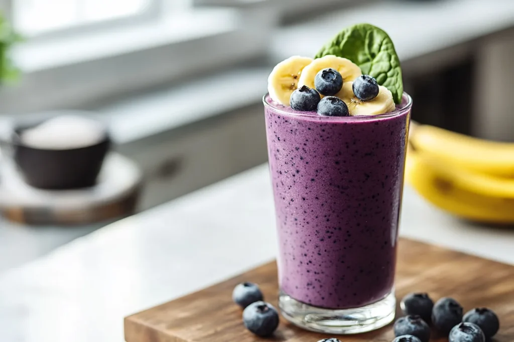 Glass of thick berry banana spinach smoothie on rustic wooden kitchen counter, topped with banana slices and blueberries.