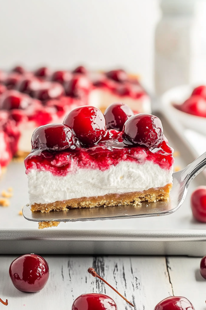 Cherry Delight: The Best No-Bake Summer Dessert 7 A slice of Cherry Delight lifted from a baking dish with visible cherry topping, creamy filling, and graham cracker crust