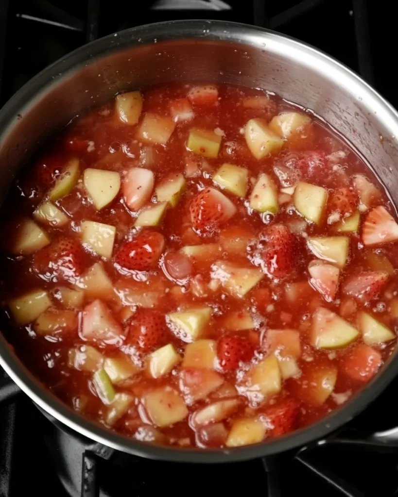 Strawberry and rhubarb mixture simmering in a pot during early jam cooking stage.