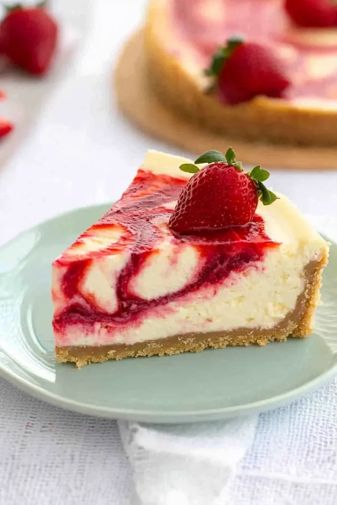 Strawberry Swirl Cheesecake Recipe: Creamy, Tangy & Gorgeous 6 Single slice of strawberry swirl cheesecake with red swirl topping and graham cracker crust on a white plate