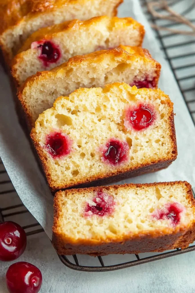 Cherry Almond Bread: The Moist, Nutty Loaf You’ll Want to Gift All Season Long 6 Sliced cherry almond bread showing moist interior with whole tart cherries and golden crust on parchment.