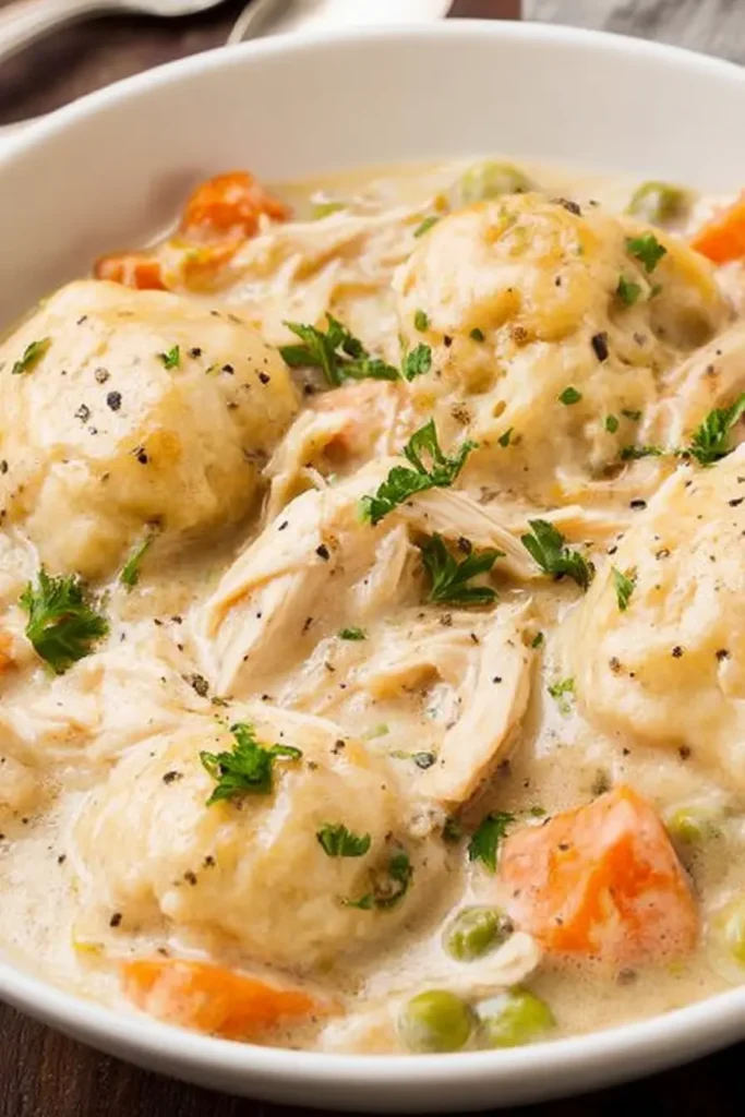 Crockpot Chicken and Dumplings: Cozy & Easy Winter Meal 5 Crockpot Chicken and Dumplings served in a bowl with vegetables and herbs