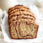 Freshly sliced snickerdoodle banana bread with cinnamon swirl and golden crust on parchment paper.