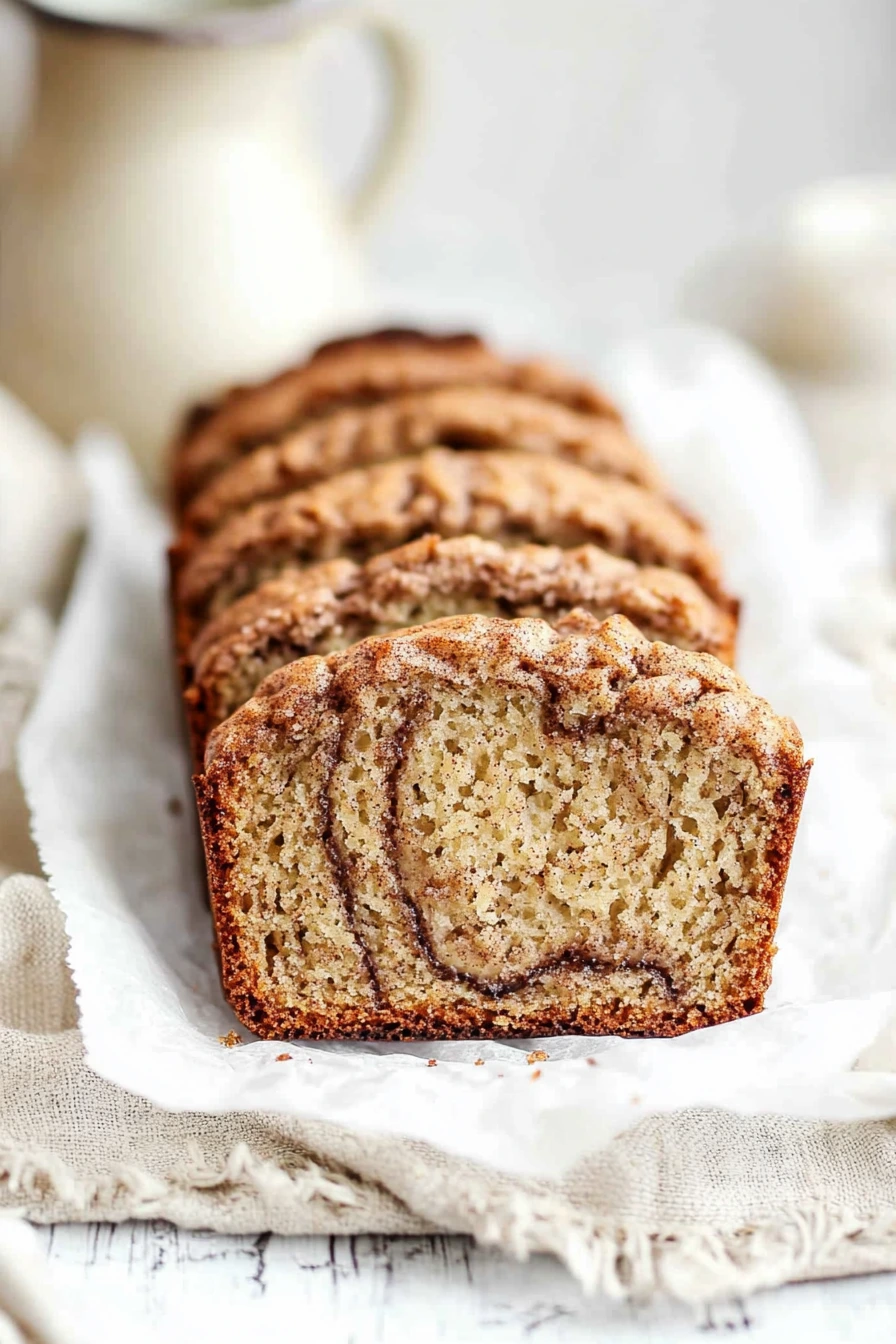 Freshly sliced snickerdoodle banana bread with cinnamon swirl and golden crust on parchment paper.