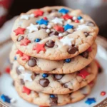July Cookies – A Sweet, Star-Spangled Treat for Your Independence Day Table 7 Stack of soft, chewy July cookies with red, white, and blue sprinkles and chocolate chips on a festive plate.