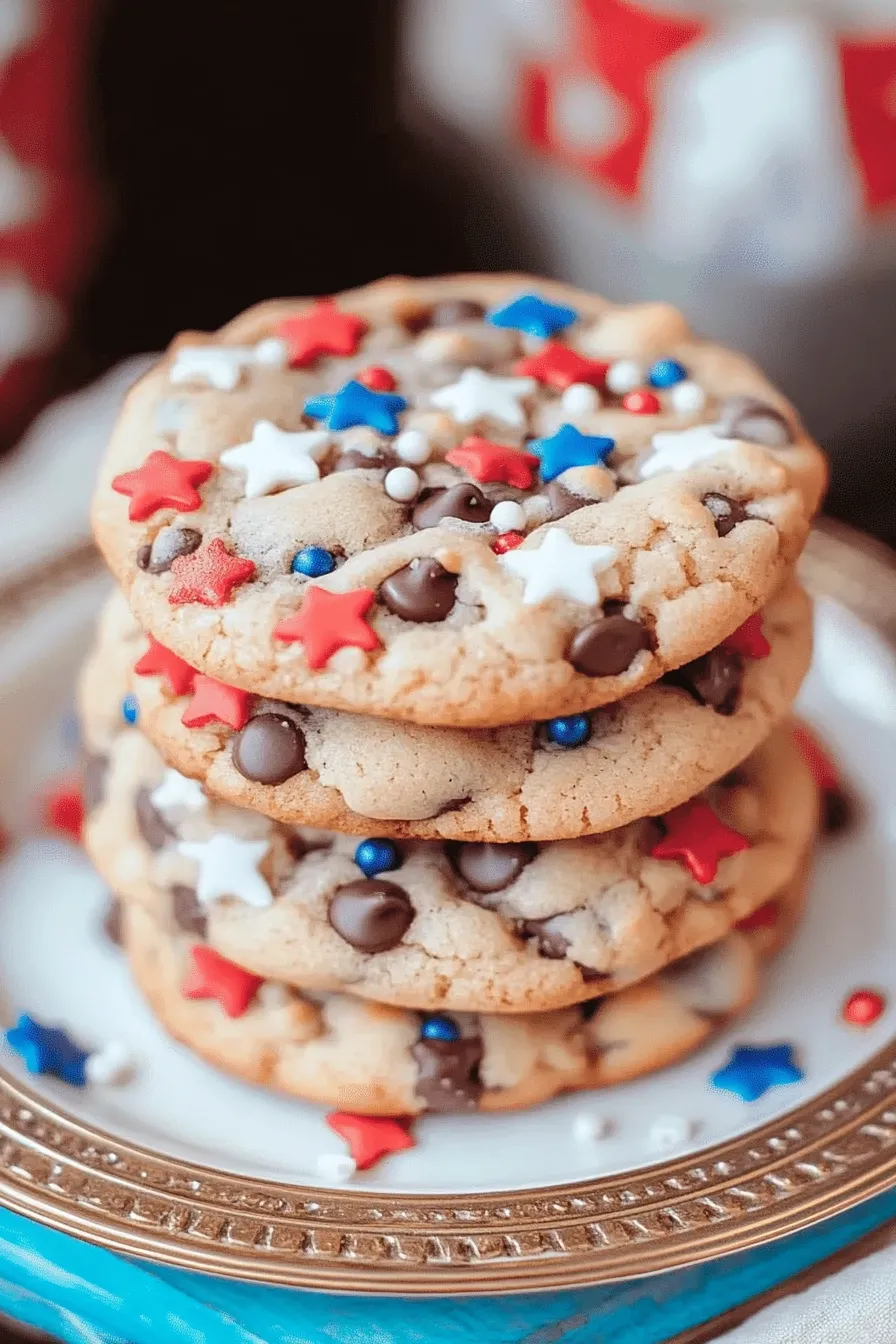 Stack of soft, chewy July cookies with red, white, and blue sprinkles and chocolate chips on a festive plate.
