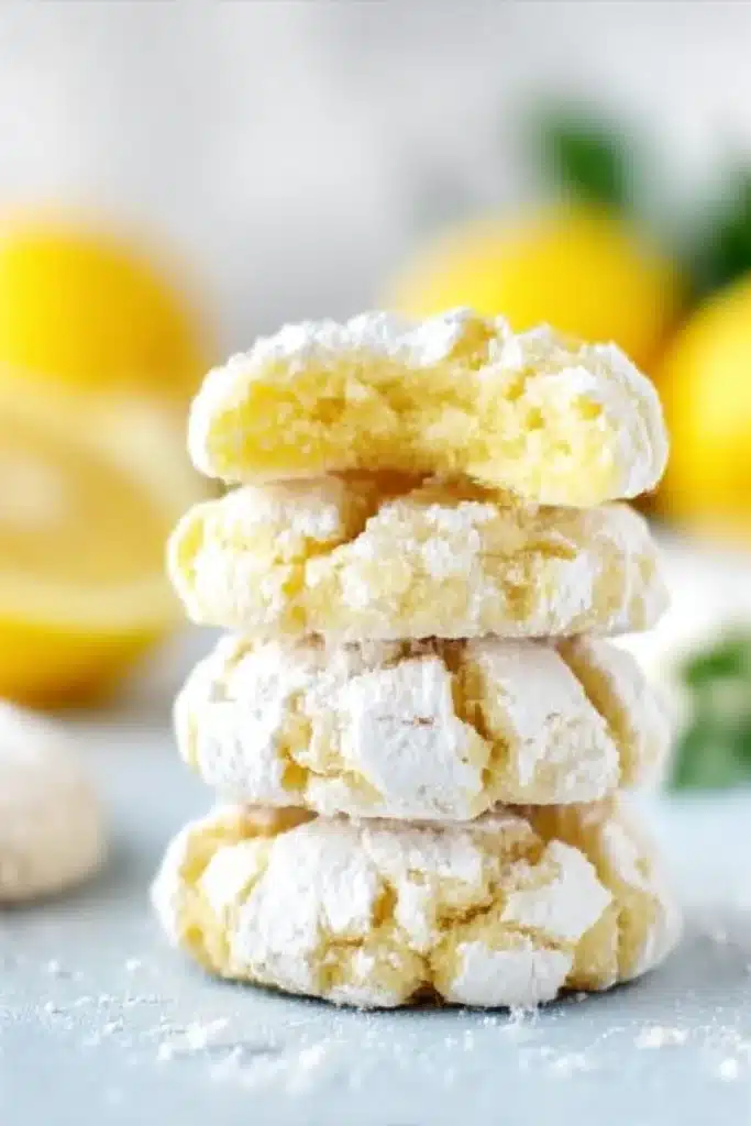 Lemon Crinkle Cookies: A Soft, Citrus Hug in Every Bite 8 Stack of lemon crinkle cookies with the top one bitten to show a soft, fluffy interior and powdered sugar coating