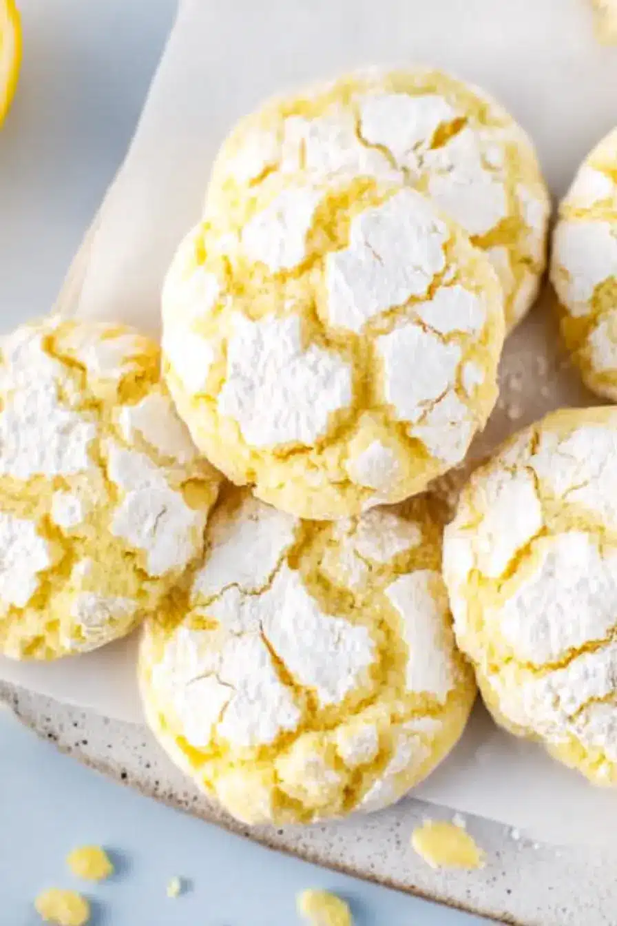 Soft lemon crinkle cookies coated in powdered sugar on a blue rustic surface with bright citrus tones