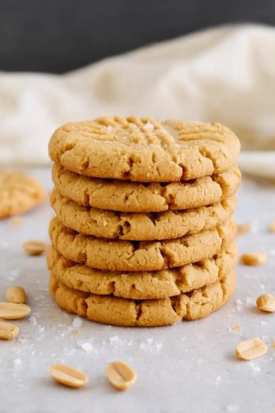 Stack of golden-brown classic peanut butter cookies with fork marks, sprinkled with sea salt and peanuts, on a smooth beige marble surface with cream linen background.