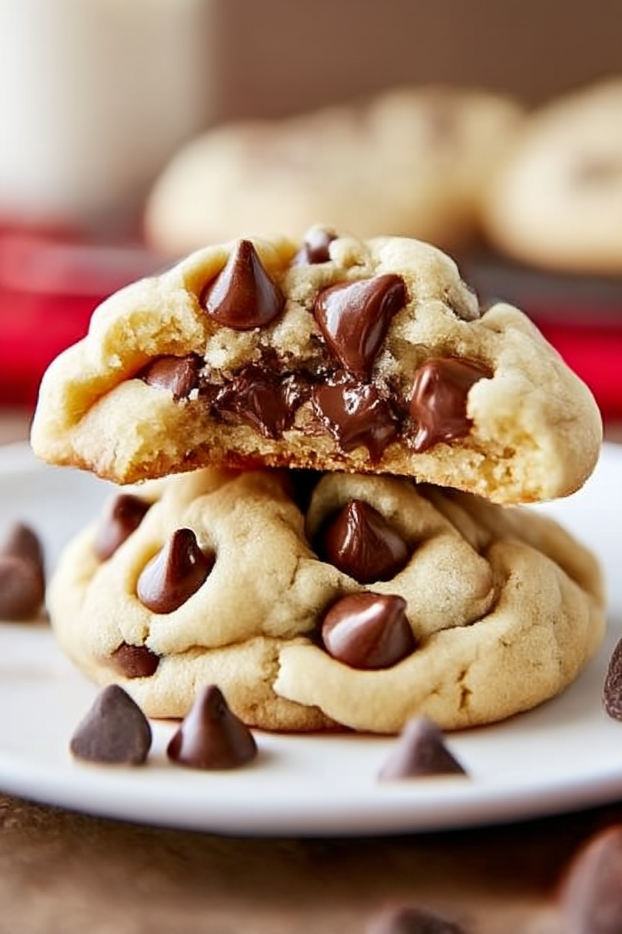 Close-up of two soft, thick homemade chocolate chip cookies stacked on a white plate, with gooey melty chocolate chips inside and scattered chocolate chips on a rustic wooden table.