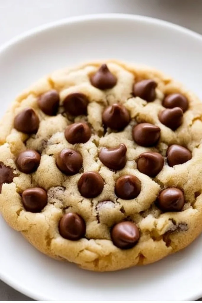 Close-up of a thick, soft homemade chocolate chip cookie with melty semisweet chocolate chips on a white plate and a light smooth table background.