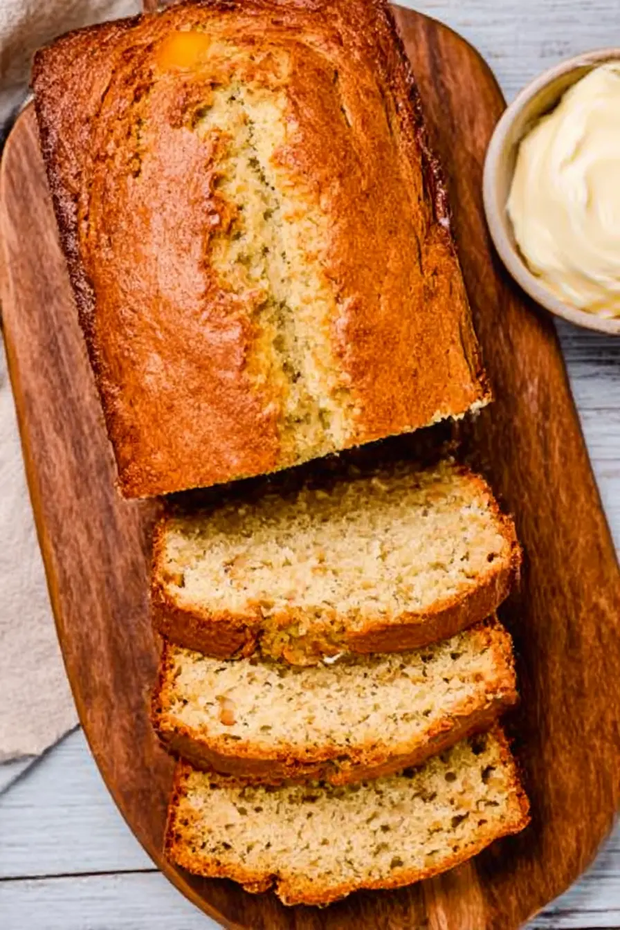 Moist sliced Southern peach bread on a wooden board with butter spread on the side.