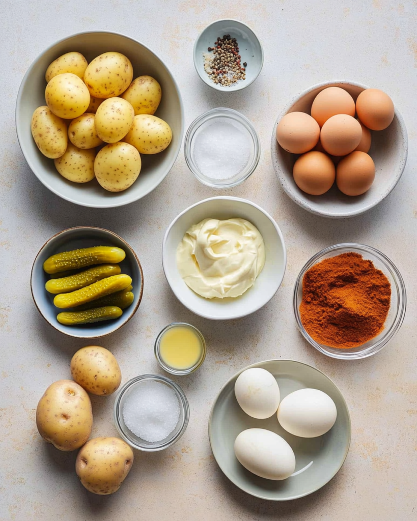 Flat lay of ingredients for Southern potato salad including potatoes, eggs, mustard, mayonnaise, and seasonings.