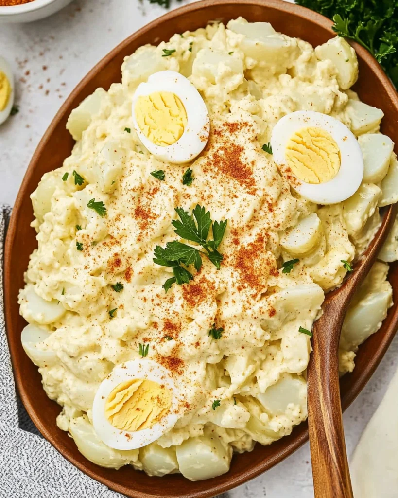 Creamy Southern potato salad topped with sliced eggs, paprika, and parsley in a ceramic dish with a wooden spoon.