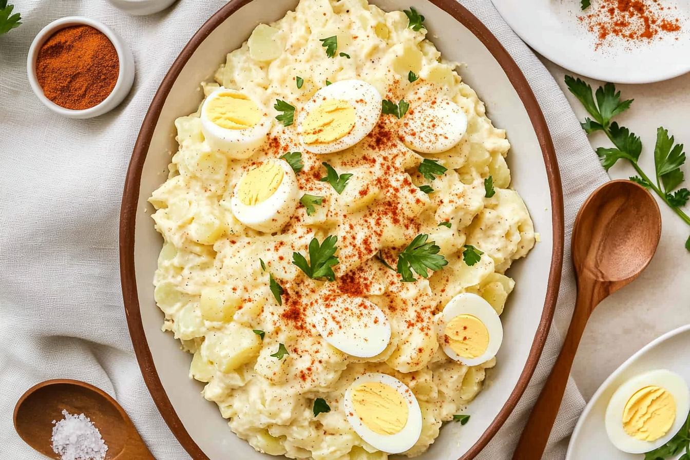 Creamy Southern potato salad garnished with paprika, parsley, and sliced hard-boiled eggs in a serving dish.