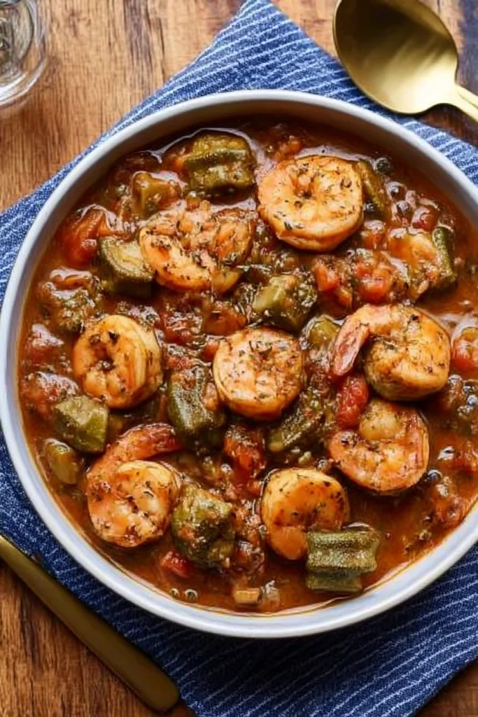 Smothered Okra With Shrimp: A Classic Southern Dinner Recipe 4 Smothered okra with shrimp served in a white bowl on a rustic wooden table with a striped blue napkin and gold spoon.