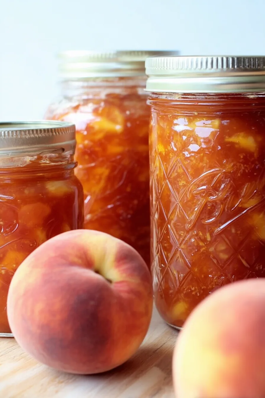 Homemade spiced peach jam in mason jars with ripe peaches on a rustic table