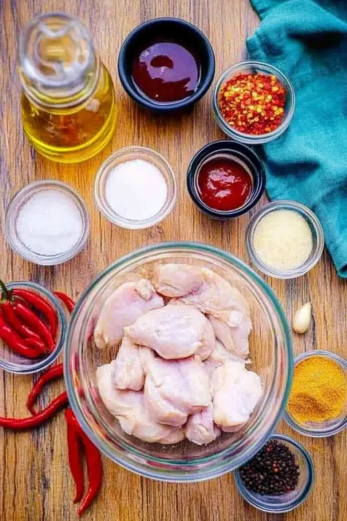 Spicy Chicken Recipes for Dinner: Sweet & Fiery 30-Minute Meal 5 Flat lay of spicy chicken dinner ingredients including raw chicken, garlic, soy sauce, chili flakes, and red peppers on rustic wood