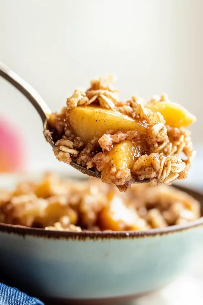 A spoonful of peach crisp lifted from a rustic bowl, showing juicy peaches and crispy oat topping.