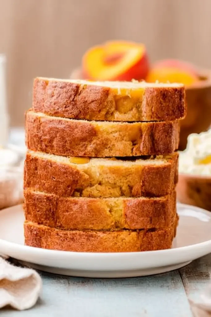 Southern Peach Bread: Easy Moist Recipe for Summer Baking 5 Stacked slices of moist Southern peach bread served on a white plate with peaches and butter in a cozy kitchen setting.
