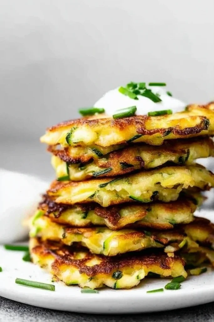 Easy Zucchini Fritters Recipe: Crispy & Healthy Summer Snack 7 Stack of golden crispy zucchini fritters topped with creamy sour cream and fresh chopped chives on a white plate against a soft gray textured surface.