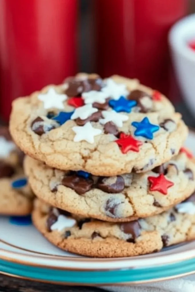 July Cookies – A Sweet, Star-Spangled Treat for Your Independence Day Table 5 Stack of homemade July cookies with chocolate chips and patriotic star sprinkles on a festive plate.