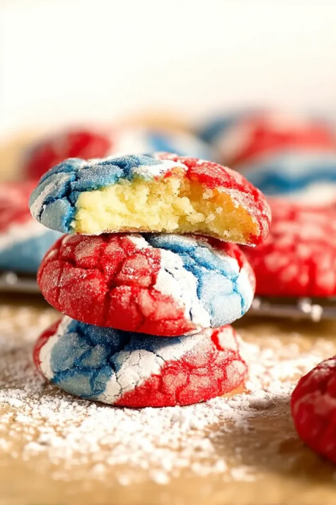 Stack of red, white, and blue 4th of July crinkle cookies with powdered sugar coating and soft center