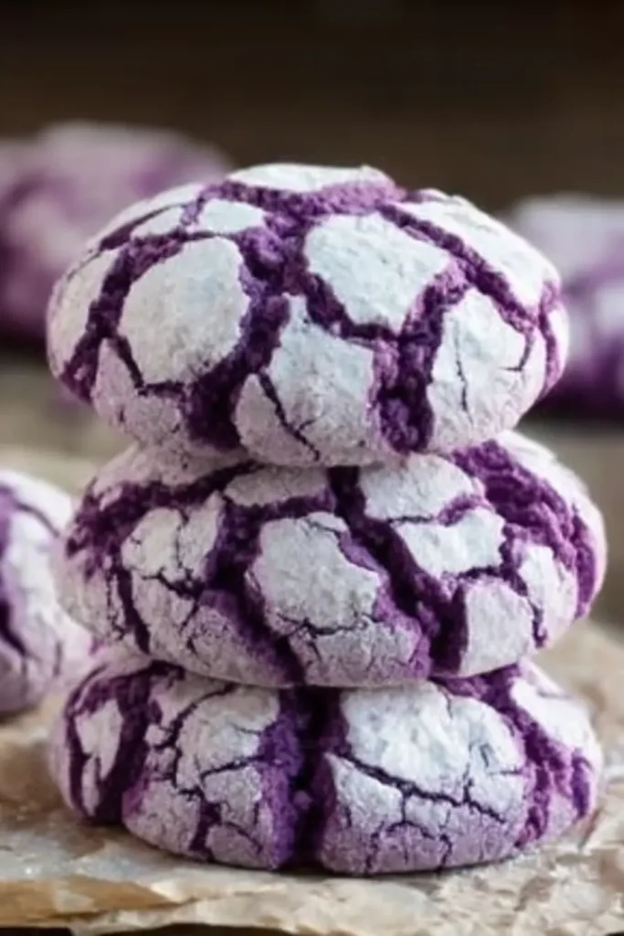 Stack of three cookies from a Purple Crinkle Cookies Recipe with cracked powdered sugar tops, resting on parchment paper.