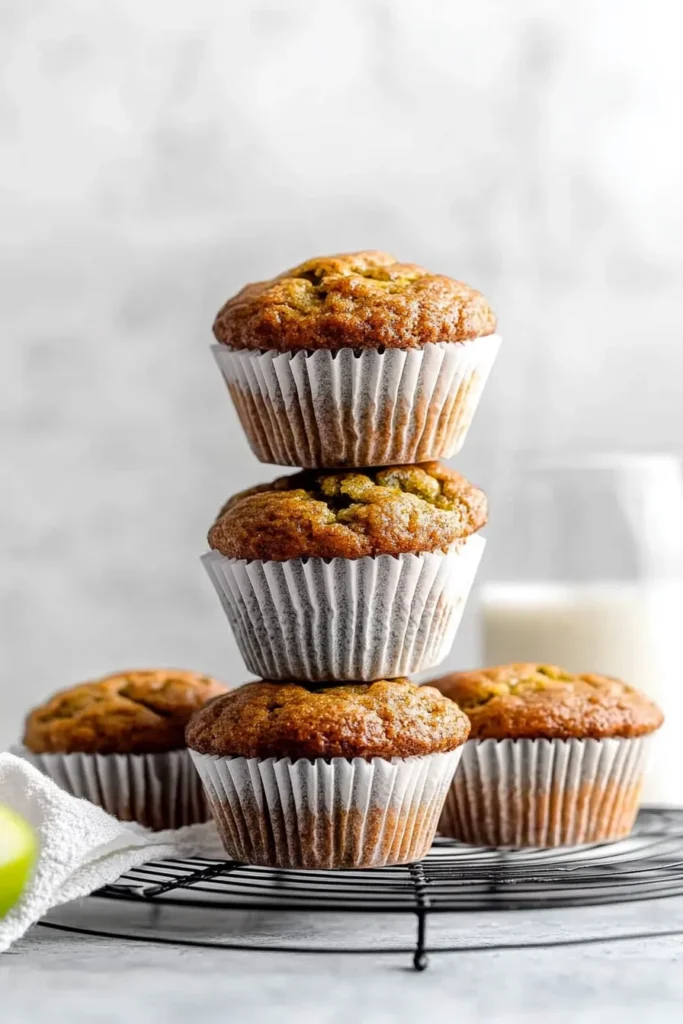 Zucchini Muffins Recipe: Moist, Easy & Perfect for Breakfast 8 Stack of golden zucchini muffins on a cooling rack with a glass of milk in the background