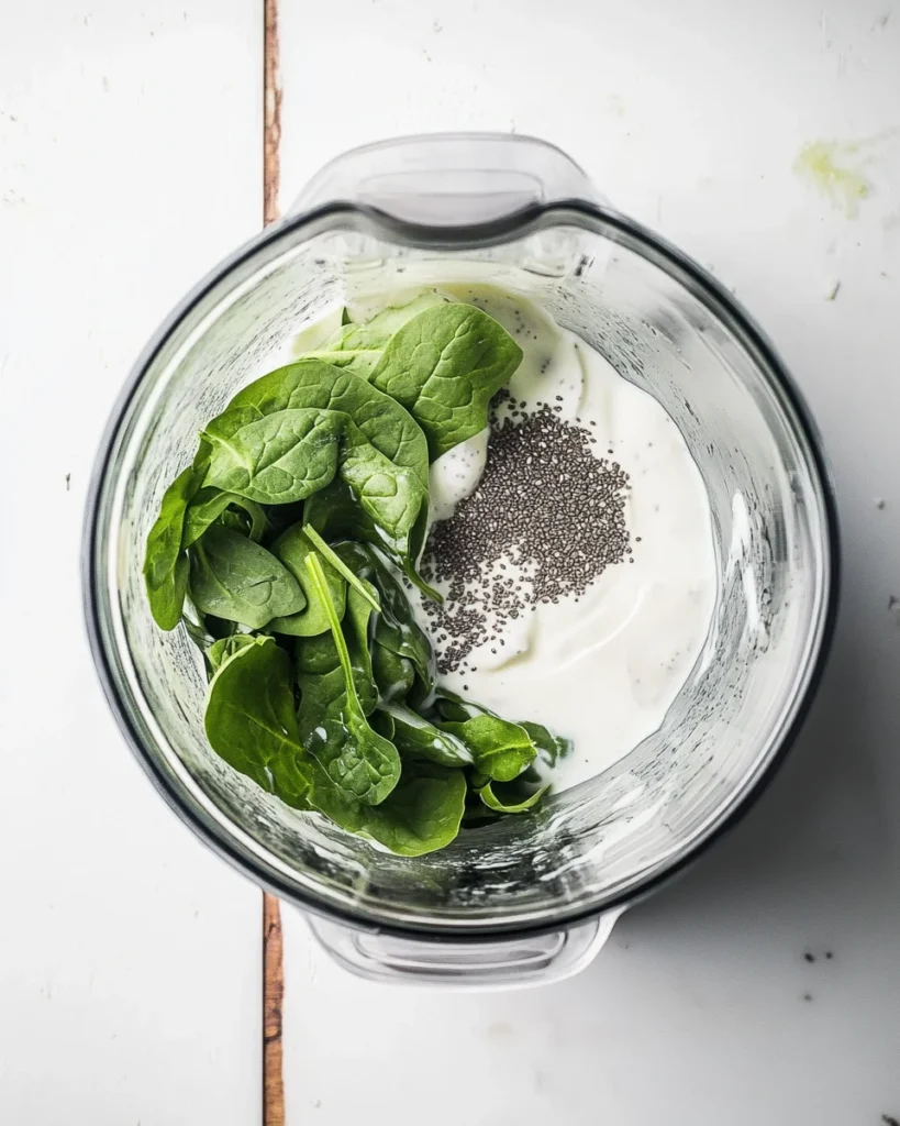Top-down view of fresh spinach, yogurt, chia seeds, and almond milk in a blender on a rustic wooden kitchen countertop.