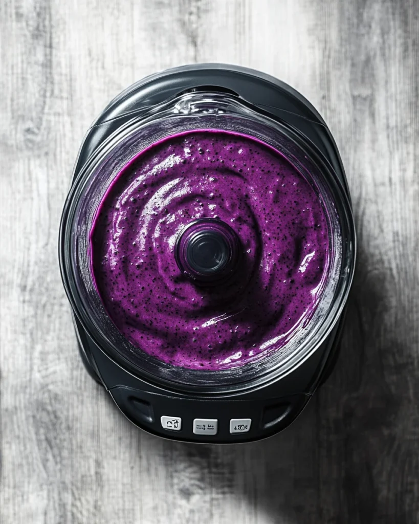 Top view of creamy blended berry banana spinach smoothie in a blender on a rustic wooden kitchen countertop.