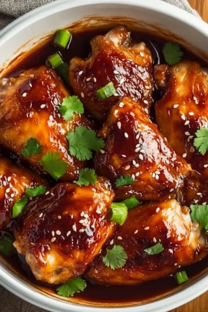 Spicy Chicken Recipes for Dinner: Sweet & Fiery 30-Minute Meal 6 Spicy glazed chicken thighs topped with sesame seeds and cilantro on a black plate