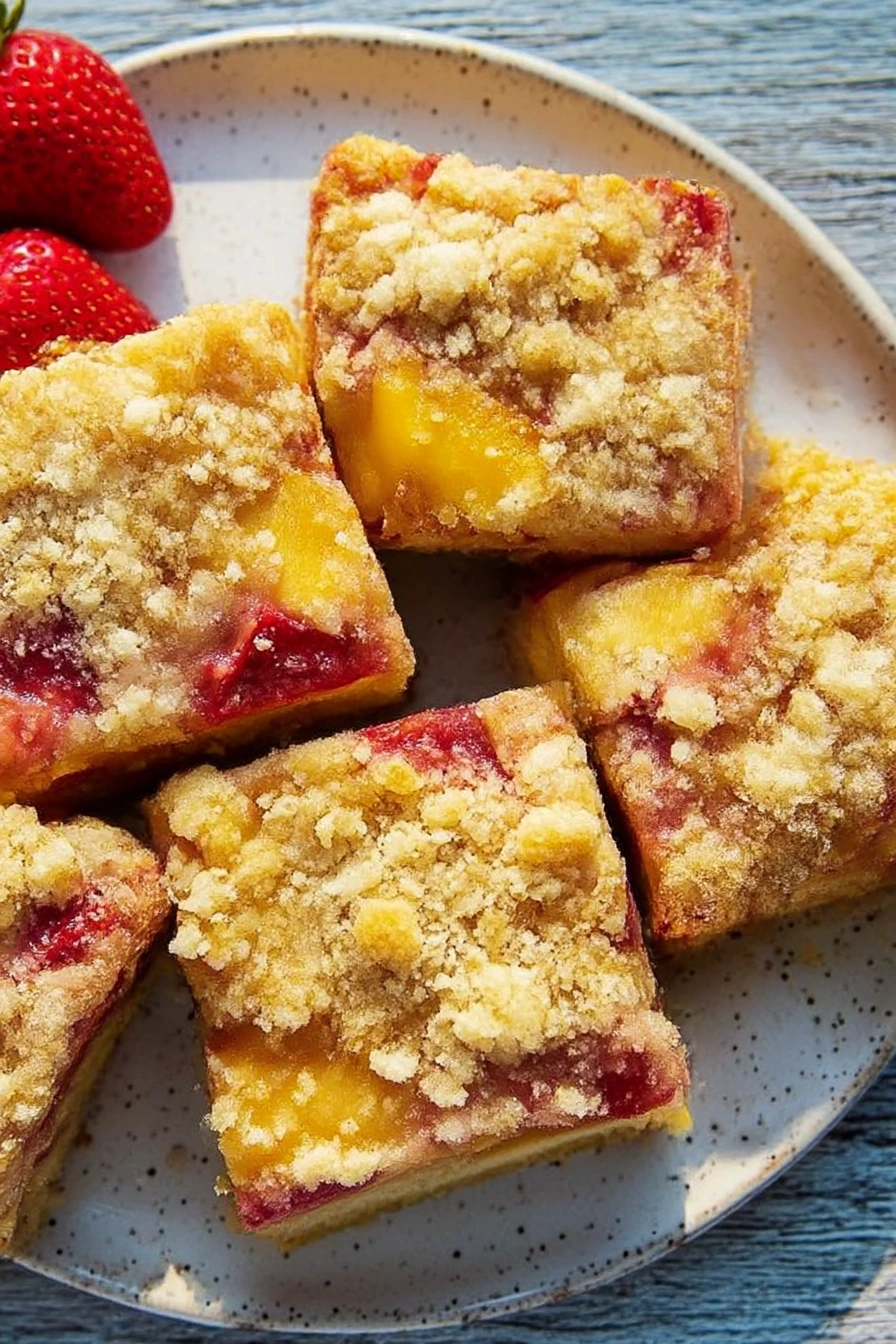 Full white plate filled with square slices of strawberry peach buckle featuring golden moist cake, juicy strawberries, peach slices, and crumbly streusel topping