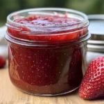 Homemade strawberry rhubarb jam in a glass jar with fresh strawberries on a rustic wooden surface.
