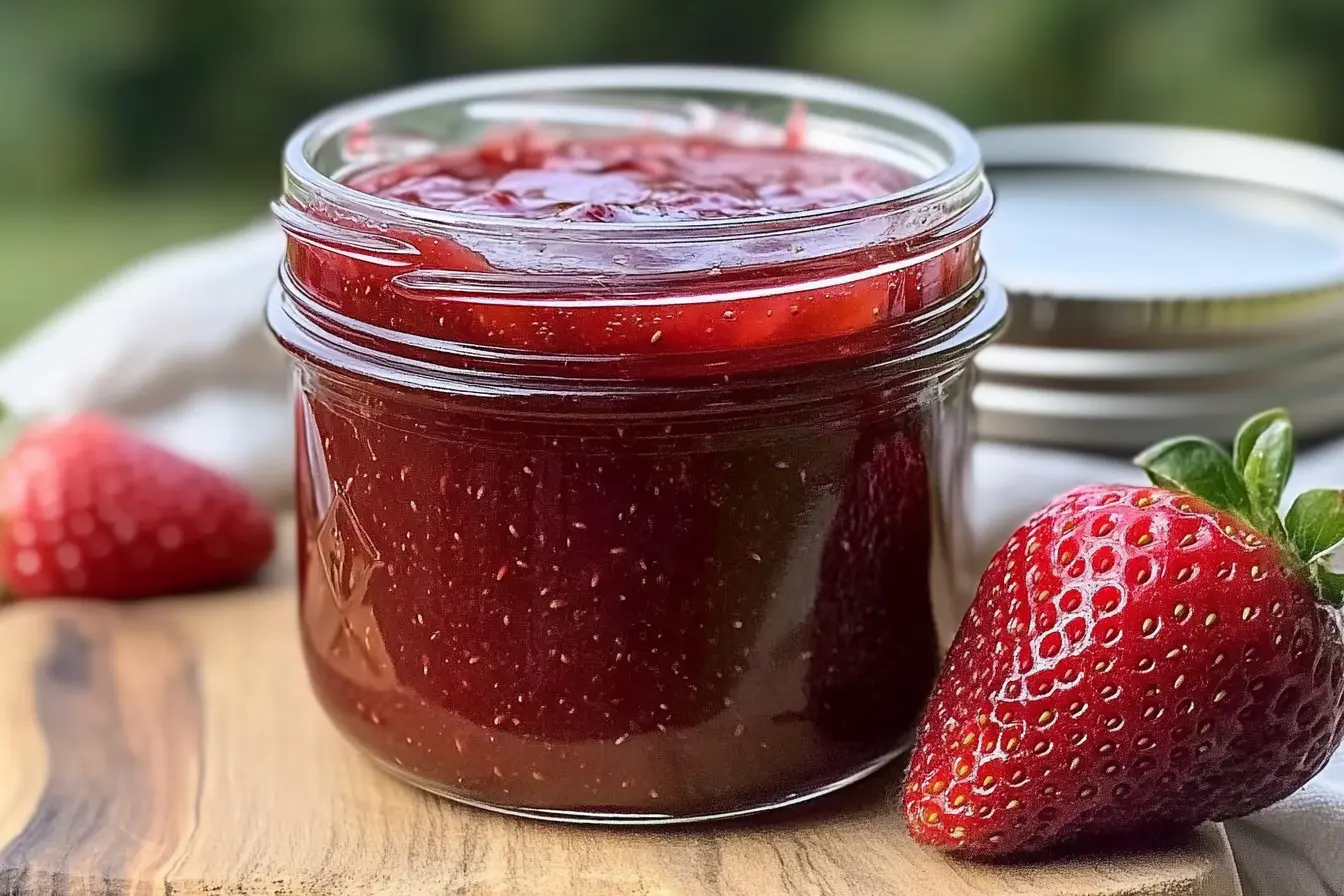 Homemade strawberry rhubarb jam in a glass jar with fresh strawberries on a rustic wooden surface.