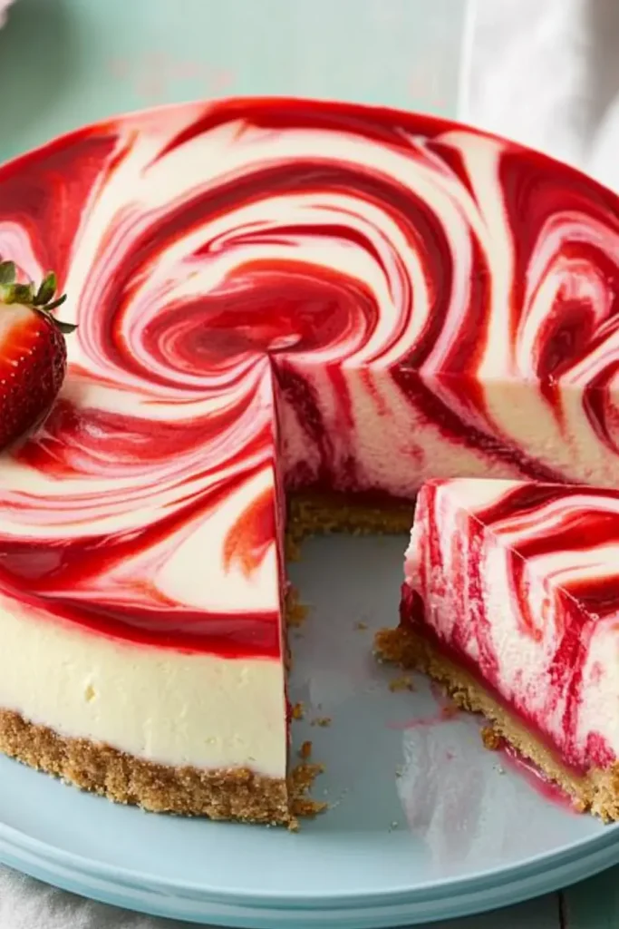 Strawberry Swirl Cheesecake Recipe: Creamy, Tangy & Gorgeous 5 Strawberry swirl cheesecake with vibrant red marbling and one slice served on a pastel blue plate