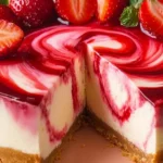 Strawberry Swirl Cheesecake Recipe: Creamy, Tangy & Gorgeous 7 Creamy strawberry swirl cheesecake with fresh strawberries and a graham cracker crust on a peach plate