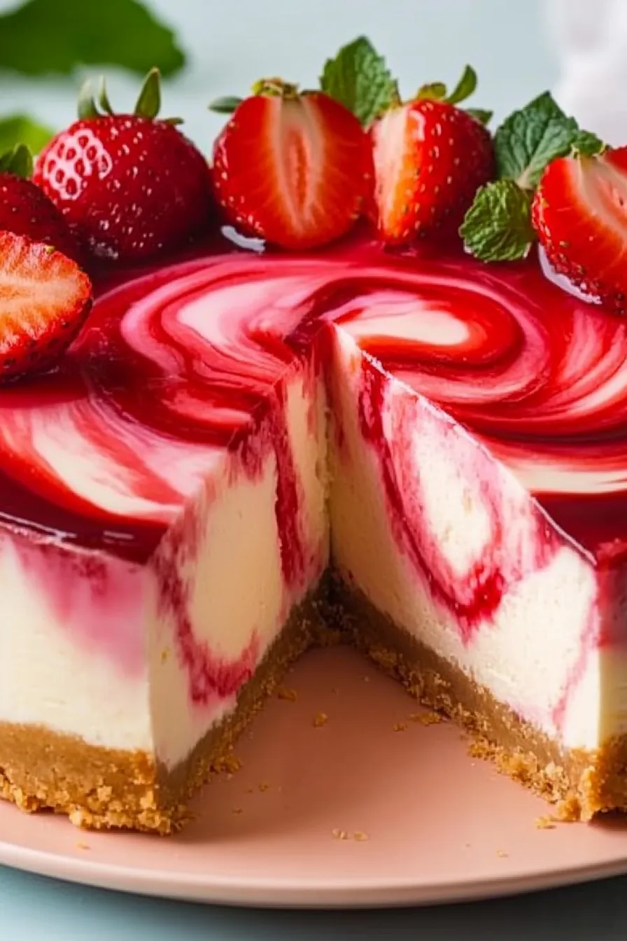 Creamy strawberry swirl cheesecake with fresh strawberries and a graham cracker crust on a peach plate