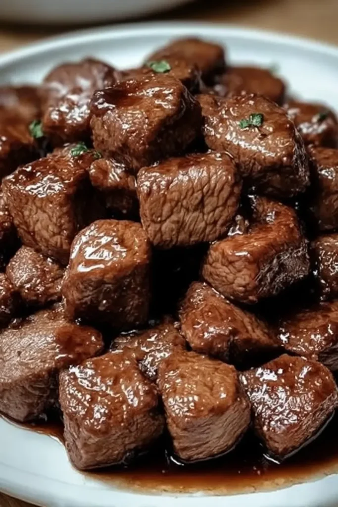 Easy Crockpot Steak Bites in a savory brown sauce, tender and juicy, served on a white plate with a neutral background.