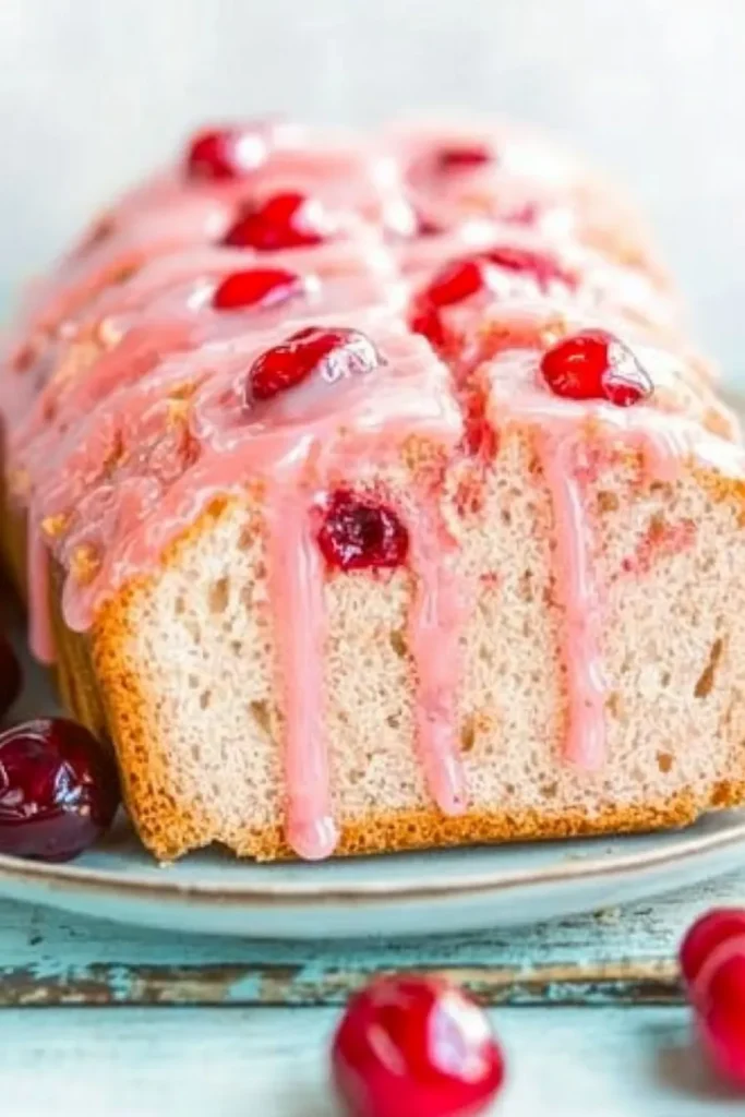 Slice of sweet soft cherry bread covered in thick pink cherry glaze on a white plate with rustic wooden background