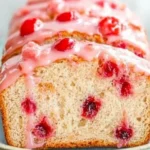 Sliced sweet soft cherry bread with pink glaze and cherry chunks on a rustic wooden surface