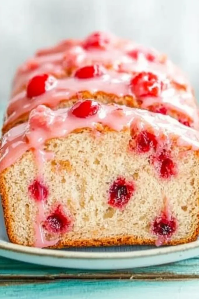 Sliced sweet soft cherry bread with pink glaze and cherry chunks on a rustic wooden surface